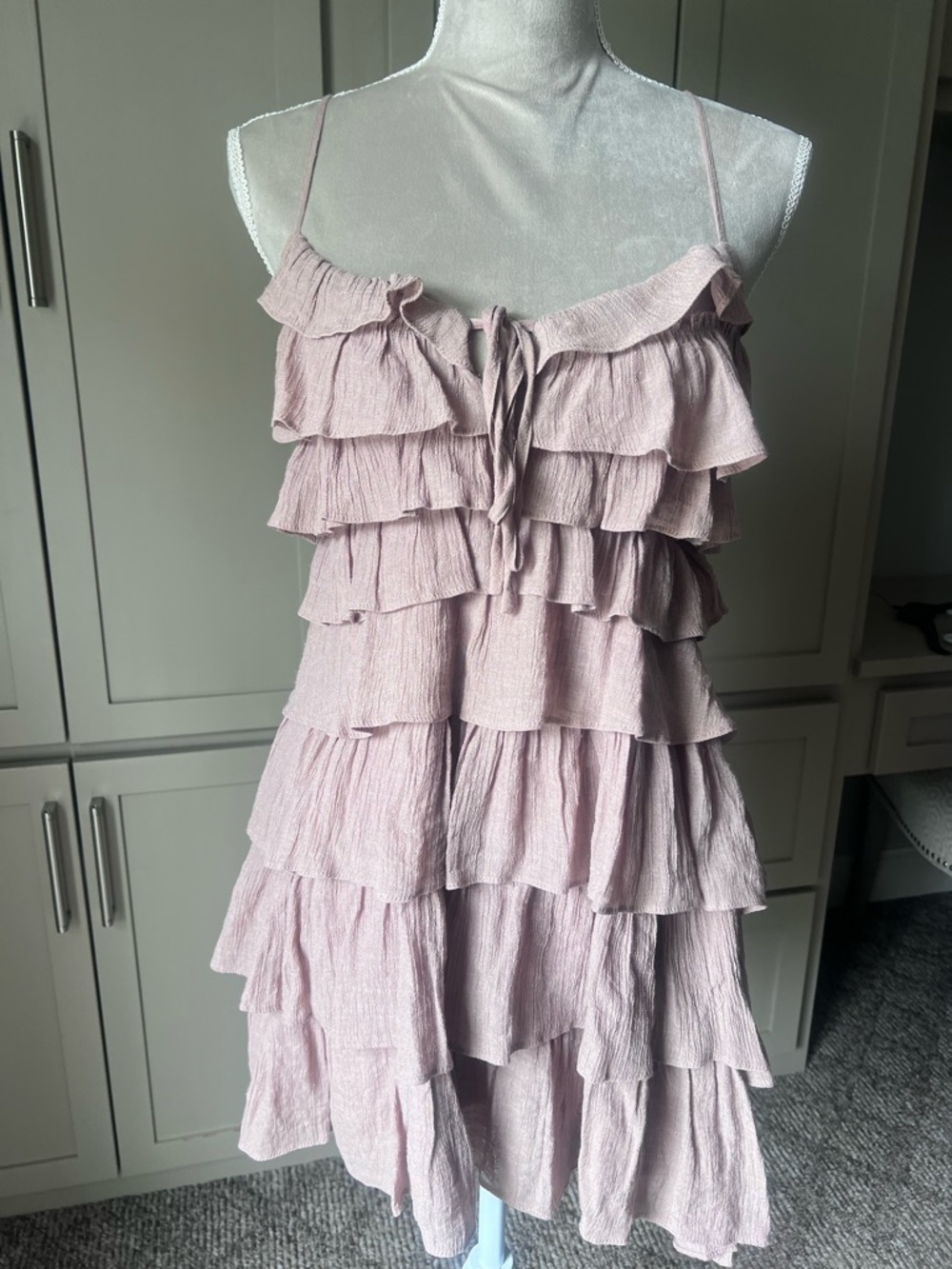 Mustard Seed Womens Tiered Ruffle Spaghetti Strap Dress - Light Brown-Size Small